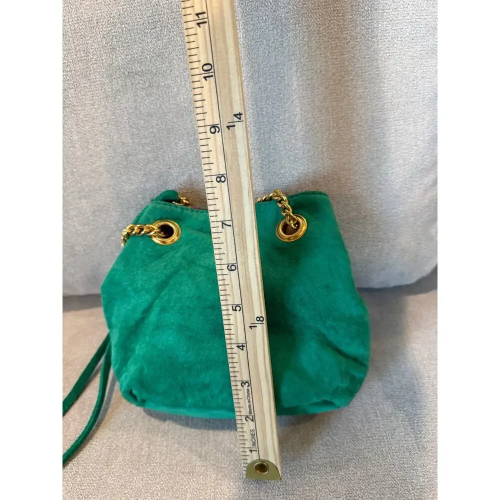 Nine West Crossbody Bag‎ Women Green Suede Drawstring Chain Strap Gold Hardware